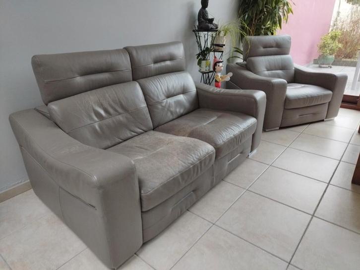 Salon cuir gris dont divan 2/3 places + 2 fauteuils, Huis en Inrichting, Zetels | Zetels, Leer, Ophalen of Verzenden