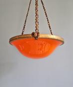 Art Deco kroonluchter, brons/messing en oranje opaline,1920, Antiek en Kunst, Ophalen of Verzenden