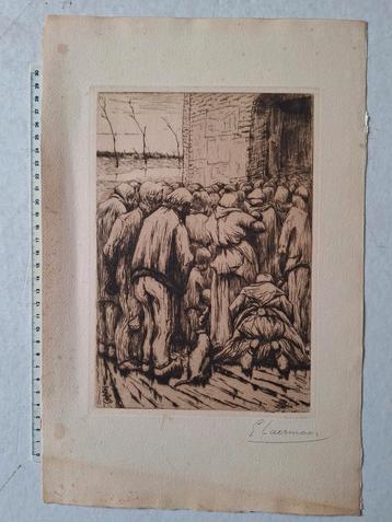 Originele ets van Eugène Laermans La priere au village 1891 beschikbaar voor biedingen