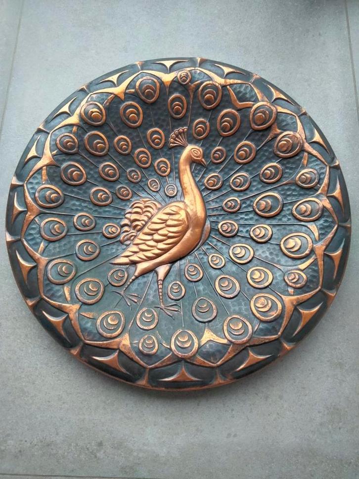 Art Deco koper kunstwerk wall art schaal pauw, Antiek en Kunst, Antiek | Woonaccessoires, Ophalen of Verzenden