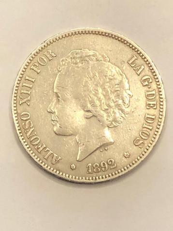 Munt zilver Spanje 5 pesetas Alfonso XIII jaartal 1892 beschikbaar voor biedingen
