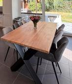 Teak Boomstam Eettafel met Stalen X-poot 230cmx100cm, Enlèvement, Comme neuf
