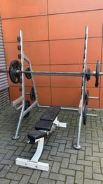 Squatrek / Bankdruk met 105kg Gewichten ,Barbell, Bankje, Sport en Fitness, Ophalen, Gebruikt