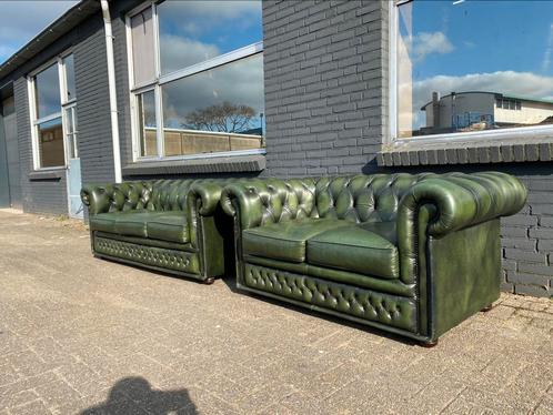 Chesterfield 3+2 zit zetels groen GRATIS GELEVERD, Huis en Inrichting, Zetels | Voetbanken en poefs, Leer, Ophalen of Verzenden