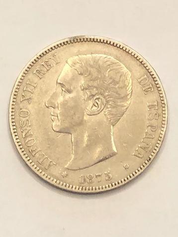 Munt zilver Spanje 5 pesetas Alfonso XII jaartal 1875 beschikbaar voor biedingen