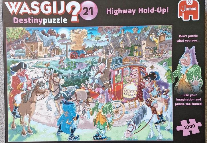 Wasgij puzzel Destiny 21 'Highway Hold-Up!', Hobby en Vrije tijd, Denksport en Puzzels, Gebruikt, Legpuzzel, 500 t/m 1500 stukjes