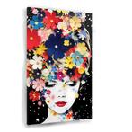 Toile Femme entourée de fleurs colorées 50x70cm - 18mm., Envoi, Création originale, 50 à 75 cm, 50 à 75 cm