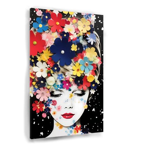 Toile Femme entourée de fleurs colorées 50x70cm - 18mm., Maison & Meubles, Accessoires pour la Maison | Peintures, Dessins & Photos