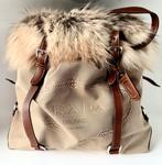 PRADA LOGO CANVAS/LEER TAS BEIGE, ORIGINEEL‼️💖💖💖, Ophalen of Verzenden, Zo goed als nieuw, Beige, Handtas