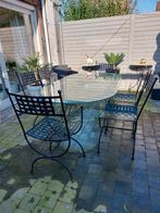 Prachtige tuinset, glazen tafel en gietijzeren stoelen( 6), Zo goed als nieuw, Ophalen