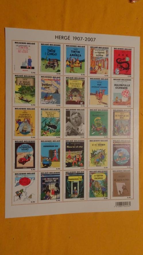 Feuillet 25 timbres Tintin - Hergé 1907-2007, Collections, Personnages de BD, Neuf, Image, Affiche ou Autocollant, Tintin, Enlèvement ou Envoi