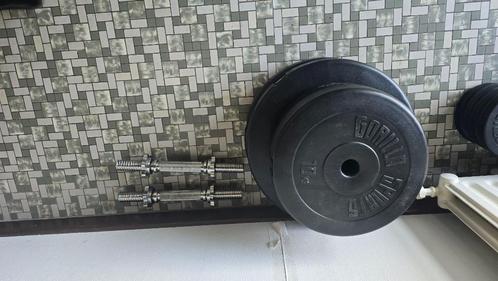 Fitness Set bank halterstangen + gewichten, Sport en Fitness, Fitnessmaterialen, Zo goed als nieuw, Halterstangen, Armen, Benen