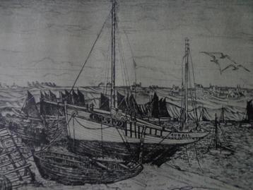 Gravure avec des bateaux sur la terre ferme par Rodolphe Str