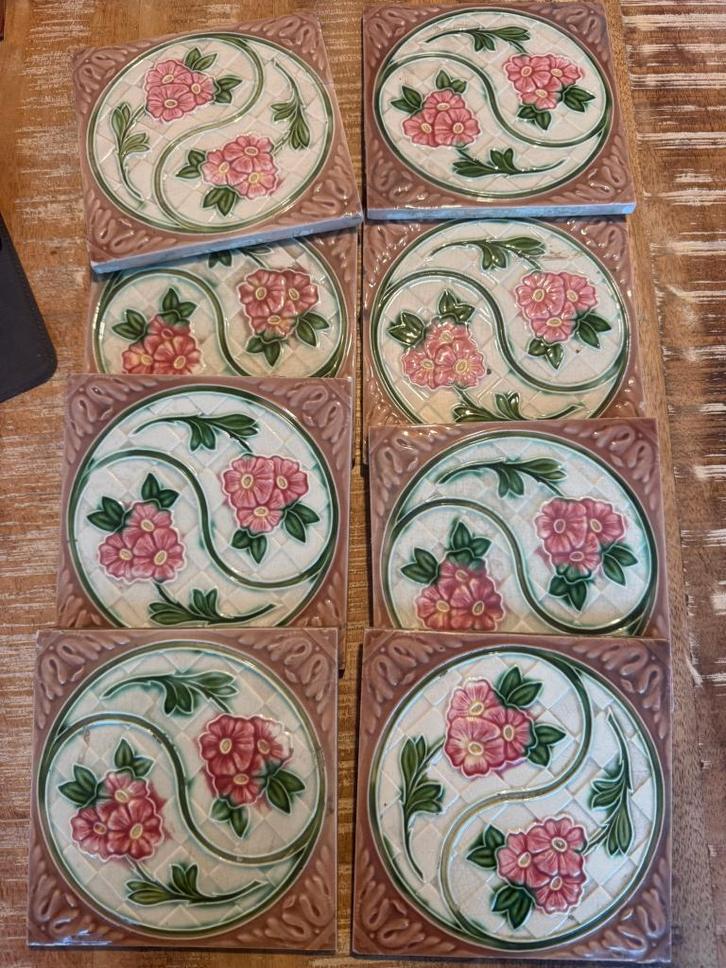 8 vintage keramieken tegel met bloemenmotief *Belca*, Antiek en Kunst, Antiek | Keramiek en Aardewerk, Ophalen of Verzenden