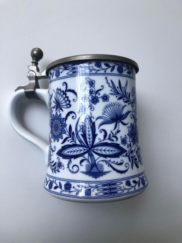 Bier pull in porselein met tinnen deksel, Antiek en Kunst, Antiek | Zilver en Goud, Ophalen of Verzenden