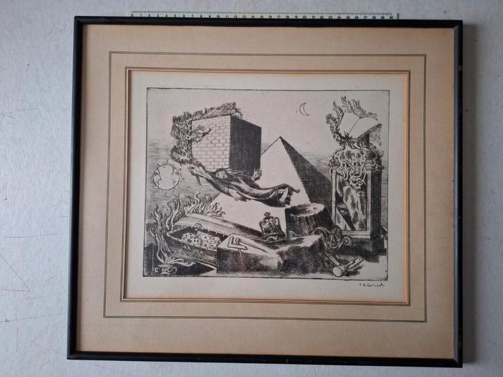 Surrealistische ets van René De Coninck "Zwevende vrouw", Antiek en Kunst, Kunst | Etsen en Gravures, Ophalen of Verzenden