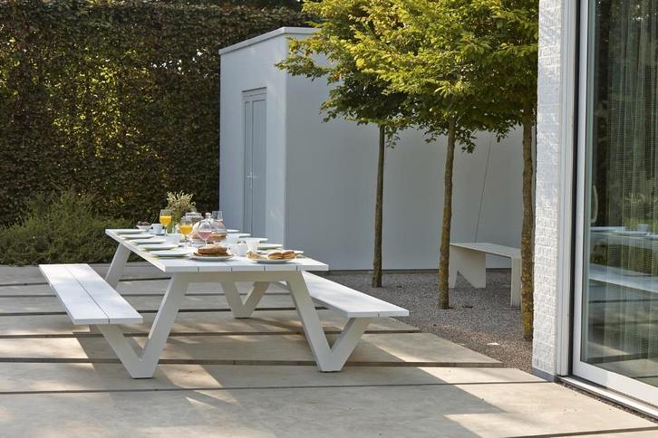 360cm picknicktafel "norma" in wit aluminium, Tuin en Terras, Picknicktafels, Zo goed als nieuw, Aluminium, Ophalen