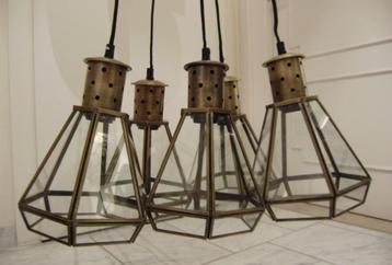 Hanglamp met 5 lantaarns in bronskleurig metaal & glas beschikbaar voor biedingen