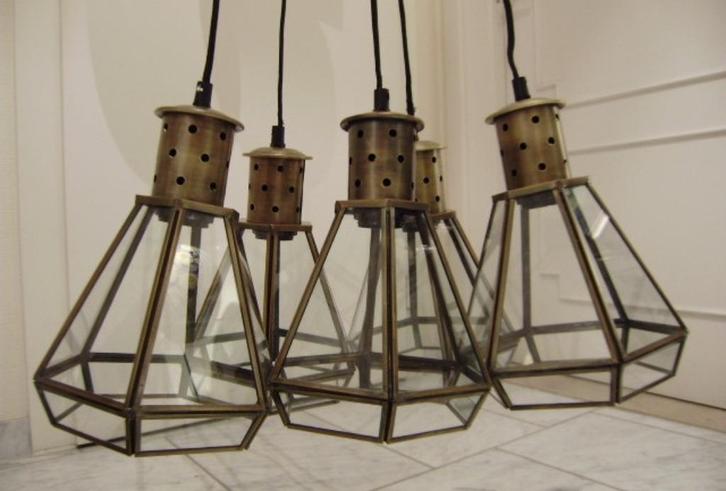 Hanglamp met 5 lantaarns in bronskleurig metaal & glas, Huis en Inrichting, Lampen | Hanglampen, Nieuw, 75 cm of meer, Glas, Metaal