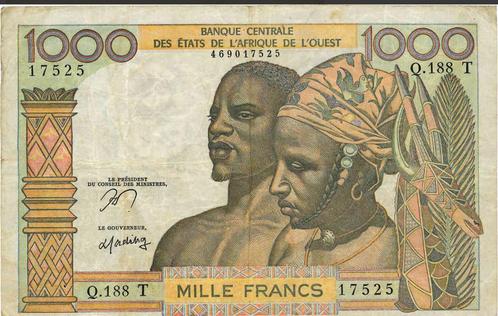 Bankbiljet - 1000 frank WEST-AFRIKAANSE STATEN 1977, Postzegels en Munten, Bankbiljetten | Afrika, Verzenden