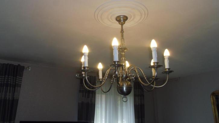 Tinnen kroonluchter met 8 takken, Huis en Inrichting, Lampen | Kroonluchters, Zo goed als nieuw, Metaal, Ophalen of Verzenden