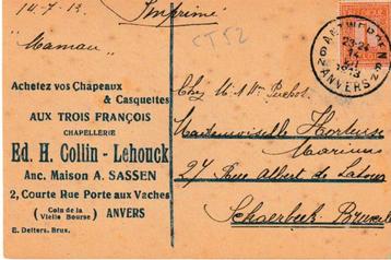 ANVERS AUX TROIS FRANCOIS  ANC. MAISON  A. SASSEN  PUBLICITA, Enlèvement ou Envoi, Avant 1920, Affranchie, Anvers
