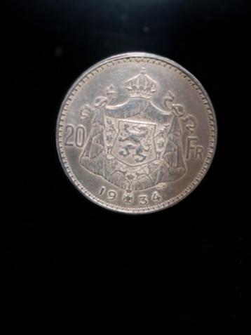 Belgique 20 fr argent 1934 albert I, Envoi, Argent, Monnaie en vrac, Argent