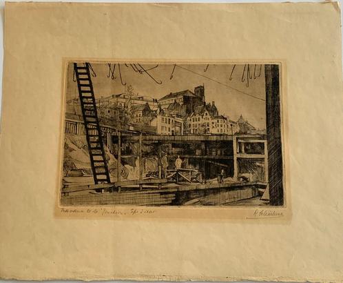 Rodolphe Schönberg - ets “Travaux de la jonction”, Antiek en Kunst, Kunst | Etsen en Gravures, Ophalen of Verzenden