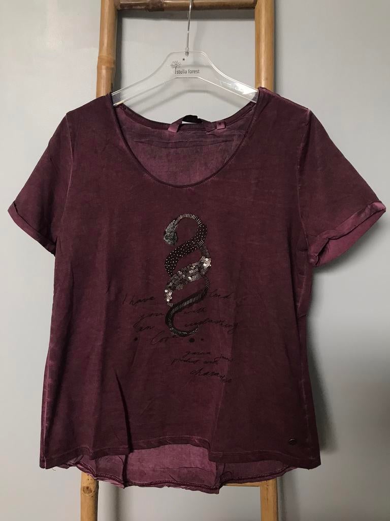 Garcia bordeaux / paars t-shirt met patronen, parels, Garcia, Gedragen, Maat 38/40 (M), Korte mouw
