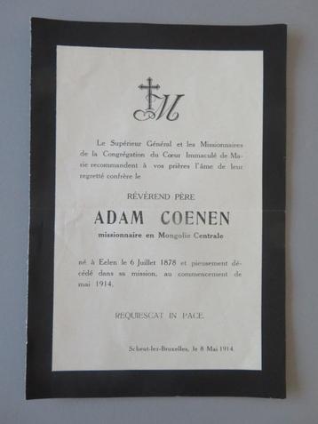 doodsbrief Adam Coenen Eelen Missionaris Scheut 1878 - 1914  beschikbaar voor biedingen