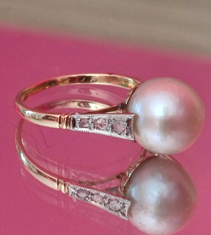 Antieke gouden ring met Zuidzee parel en diamanten, Bijoux, Sacs & Beauté, Bijoux anciens, Bague, Or, Avec pierre précieuse, Enlèvement ou Envoi