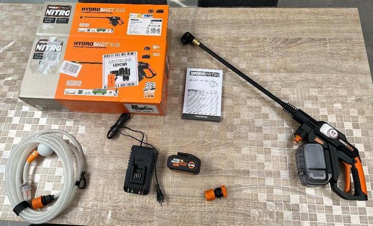 Worx Hydroshot hogedrukreiniger op accu, Jardin & Terrasse, Nettoyeurs haute pression, Comme neuf, Batterie, Avec pression d'eau réglable