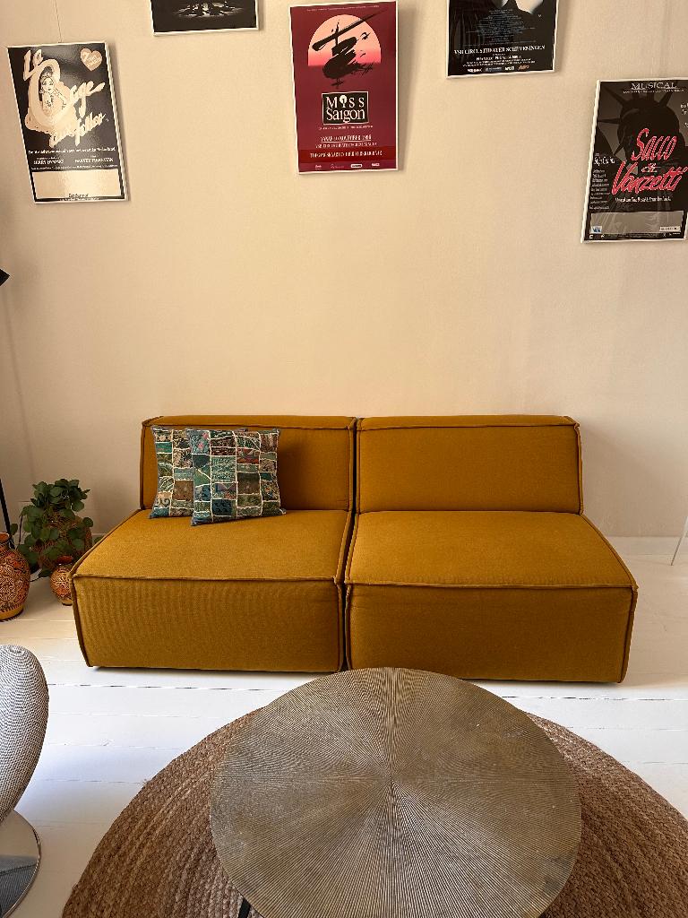 Modulaire bank grof geweven oker geel (2 stuks beschikbaar), Ophalen, 150 tot 200 cm, 75 tot 100 cm, Rechte bank