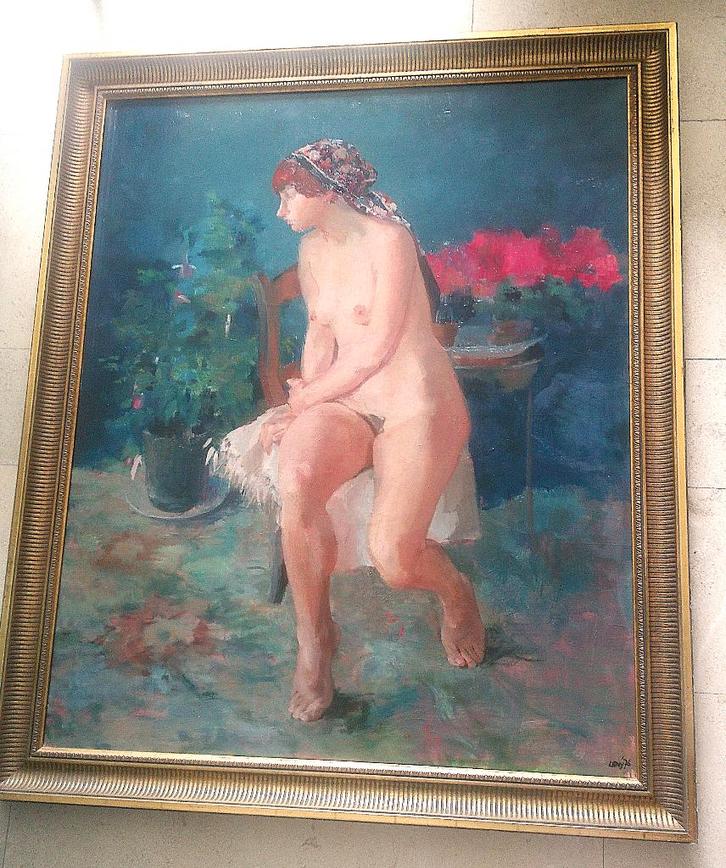 Zittend beschaafd naakt in interieur '76 -  model Leny ?, Antiek en Kunst, Kunst | Schilderijen | Klassiek, Ophalen