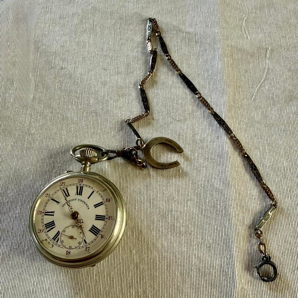 Antiek zakuurwerk 19de eeuw met ketting, Handtassen en Accessoires, Horloges | Antiek, Overige merken, Zilver, Voor 1900, Met ketting