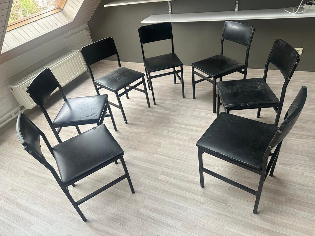 Set van 7 eetkamerstoelen (seventies), Huis en Inrichting, Stoelen, Ophalen, Gebruikt, Zwart, Seventies