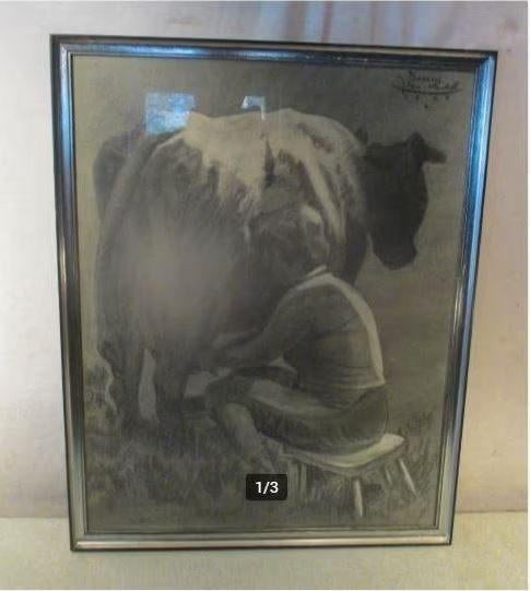 Prachtige Tekening 'Boerin Melkt Koe' - Denijs 1969, Antiek en Kunst, Kunst | Tekeningen en Fotografie, Ophalen of Verzenden