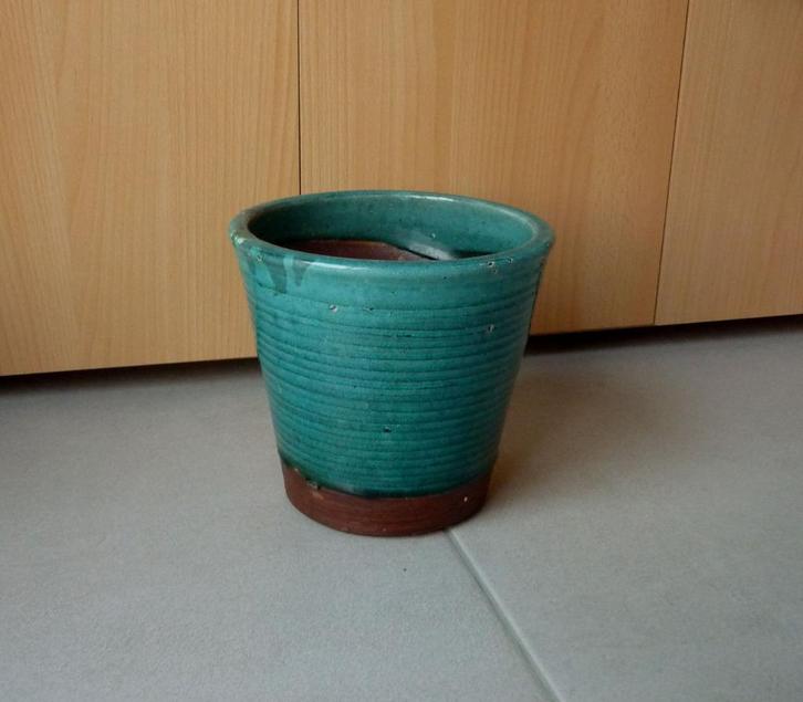Gelakte turquoise bruine terracotta bloempot, Tuin en Terras, Bloempotten, Terracotta, Binnen, Ophalen of Verzenden