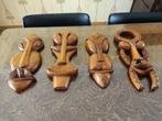 4 vintage houten wandmaskers etnisch Afrikaanse stijl, Huis en Inrichting, Woonaccessoires | Schilderijen, Tekeningen en Foto's