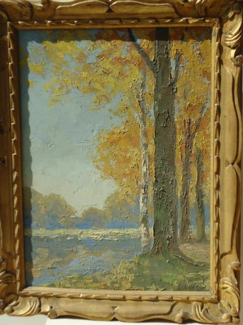 M. Meuret-Philippot olieverf boszicht meer bos in de herfst, Antiek en Kunst, Kunst | Schilderijen | Klassiek, Ophalen