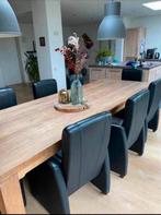 Teak tafel 300 x 110 met 8 zwarte leren stoelen, Maison & Meubles, Salles à manger complètes, Enlèvement ou Envoi