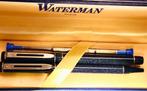 Vintage 80’S Parure Waterman anthracite/bleu- Gris nacré Laq, Collections, Comme neuf, Avec boîte, Ensemble de stylos, Enlèvement ou Envoi