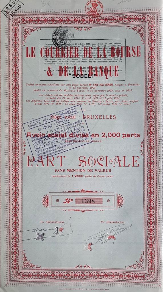 Le courrier de la bourse & de la Banque  - Bruxelles - 1924, Postzegels en Munten, Aandelen en Waardepapieren, Aandeel, 1920 tot 1950