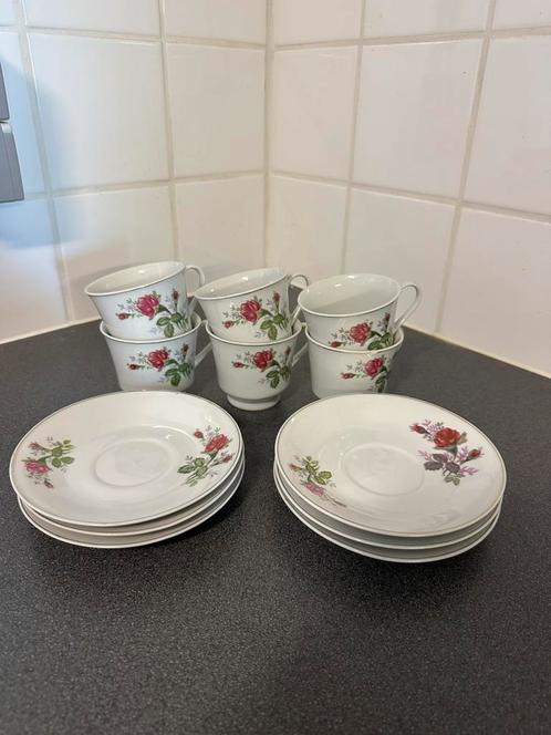 Antieke Servies Set - 6 Kopjes met Bordjes, Bloemetjes, Antiek en Kunst, Antiek | Servies compleet, Ophalen