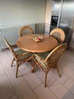 Ronde houten eettafel met 4 rotan stoelen, Huis en Inrichting, Ophalen, Gebruikt, 100 tot 150 cm, Rond