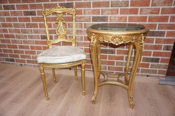 table ancienne en marbre doré avec chaise Louis XVI dorée