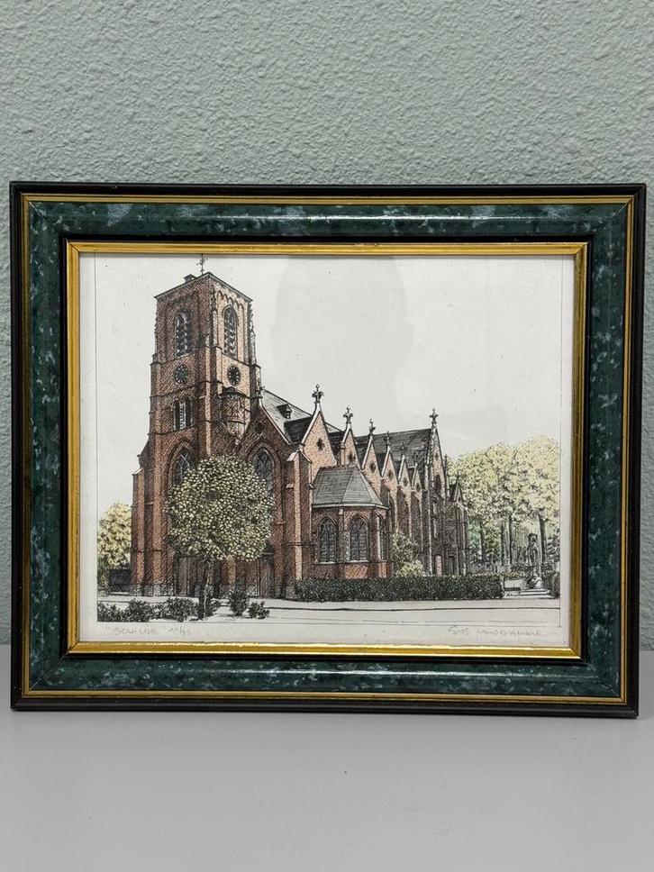 Tekening Belgie Schilde kerk Sint-Guibertus Sus Candalime, Antiek en Kunst, Kunst | Etsen en Gravures, Ophalen of Verzenden
