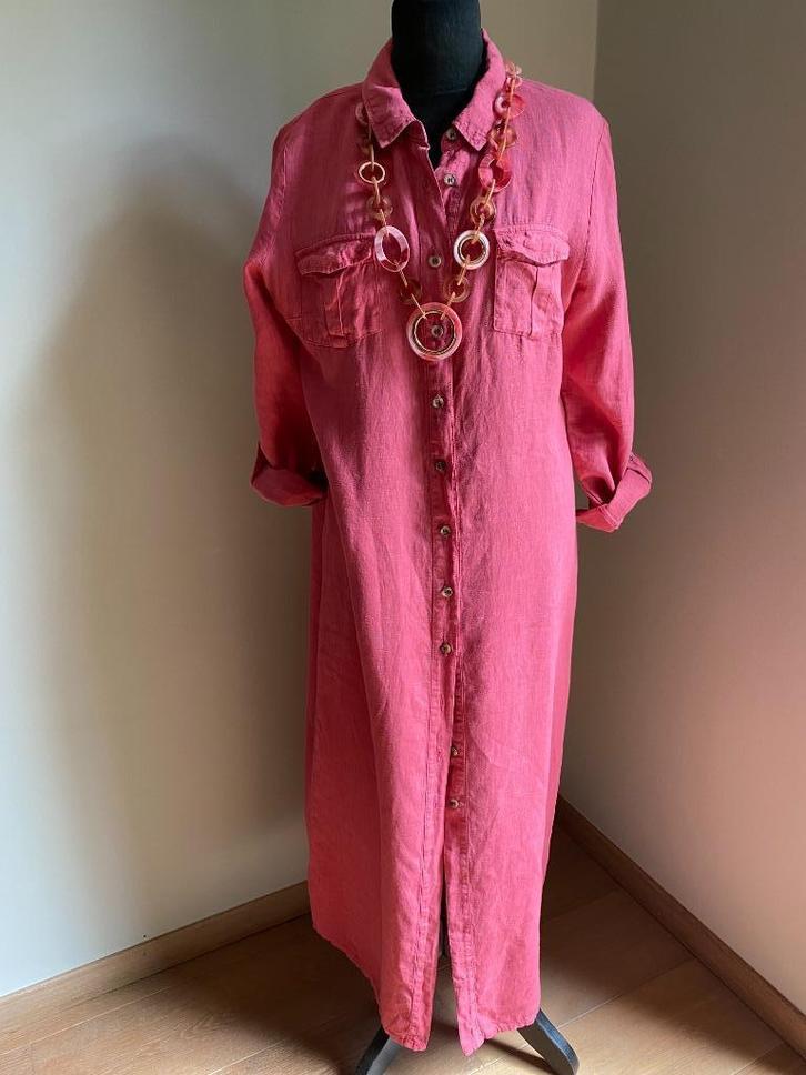 Scapa donkerroze lange linnen doorknoopjurk - 40/42, Kleding | Dames, Jurken, Zo goed als nieuw, Maat 38/40 (M), Roze, Onder de knie