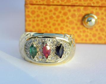 18KT gouden ring met Robijn, Saffier, Smaragd en diamantjes