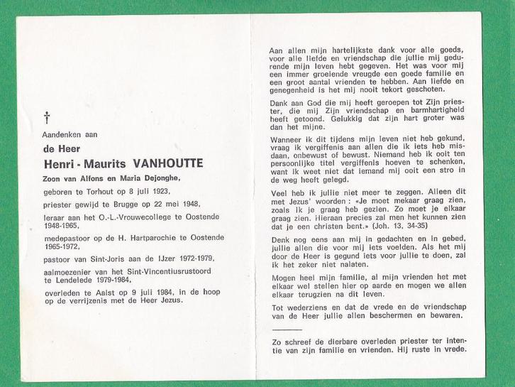 DP Priester Henri Vanhoutte, Verzamelen, Bidprentjes en Rouwkaarten, Bidprentje, Verzenden